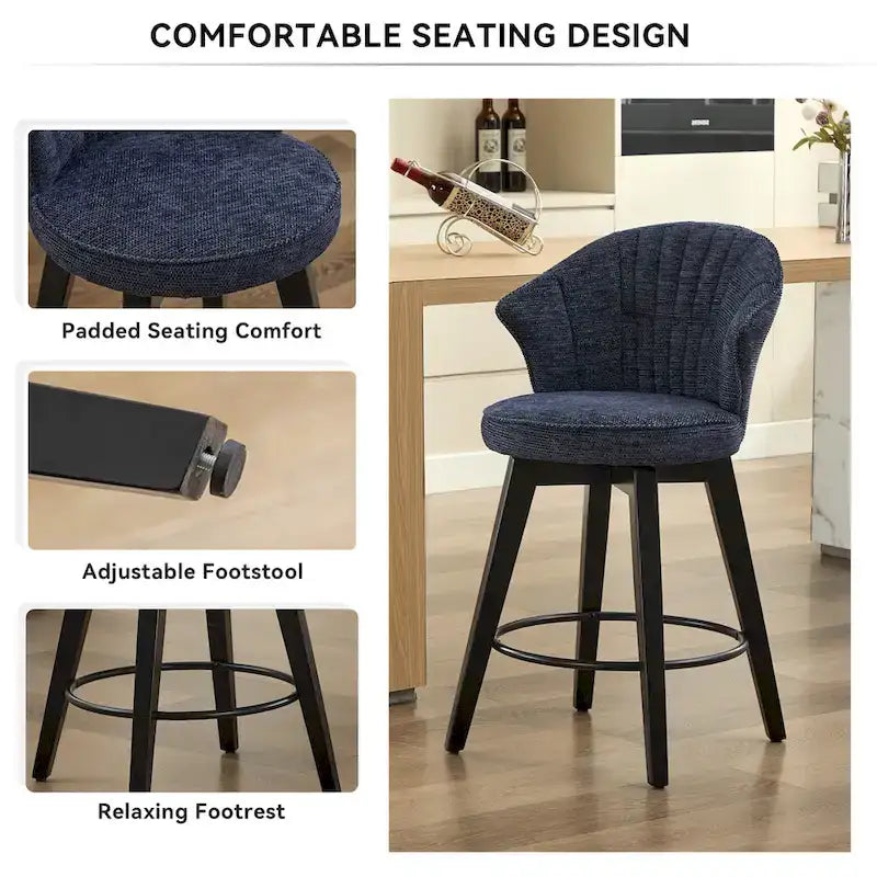 Wing Back Drehbarer Barhocker 2er-Set – 25 verstellbare Hocker in Thekenhöhe mit Holzbeinen & Chenille-Polsterung, Nivellierfüße