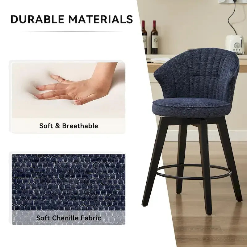 Wing Back Drehbarer Barhocker 2er-Set – 25 verstellbare Hocker in Thekenhöhe mit Holzbeinen & Chenille-Polsterung, Nivellierfüße