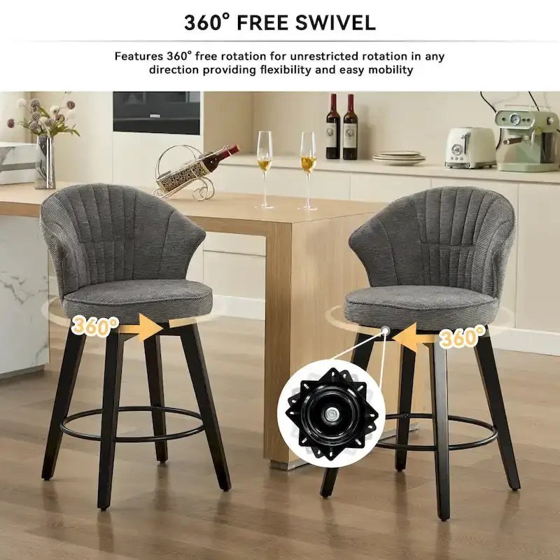 Wing Back Drehbarer Barhocker 2er-Set – 25 verstellbare Hocker in Thekenhöhe mit Holzbeinen & Chenille-Polsterung, Nivellierfüße