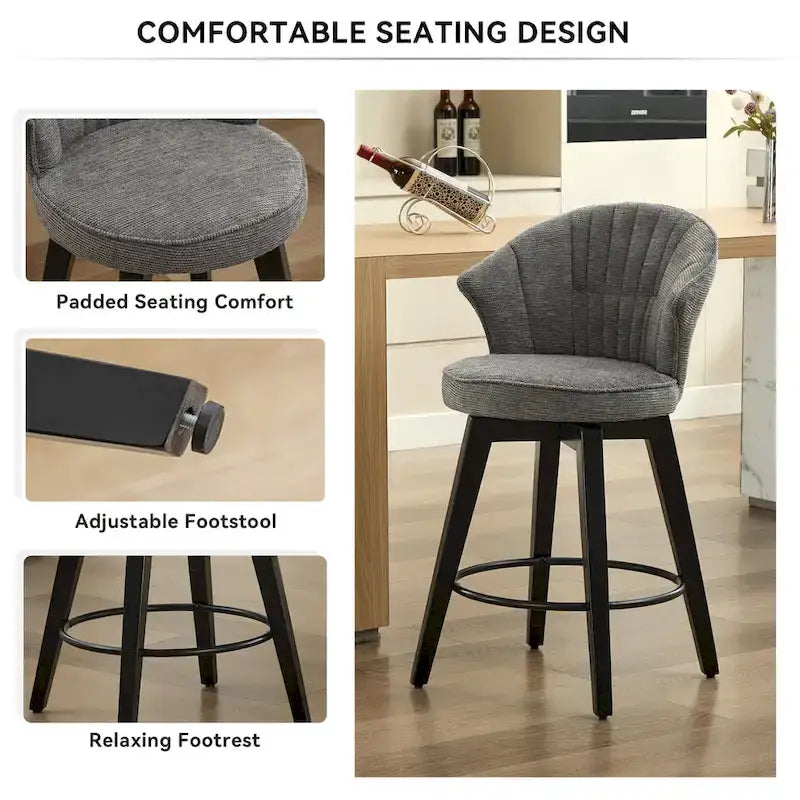 Wing Back Drehbarer Barhocker 2er-Set – 25 verstellbare Hocker in Thekenhöhe mit Holzbeinen & Chenille-Polsterung, Nivellierfüße