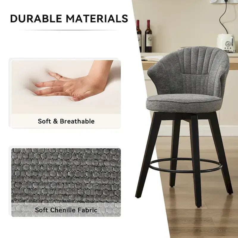 Wing Back Drehbarer Barhocker 2er-Set – 25 verstellbare Hocker in Thekenhöhe mit Holzbeinen & Chenille-Polsterung, Nivellierfüße