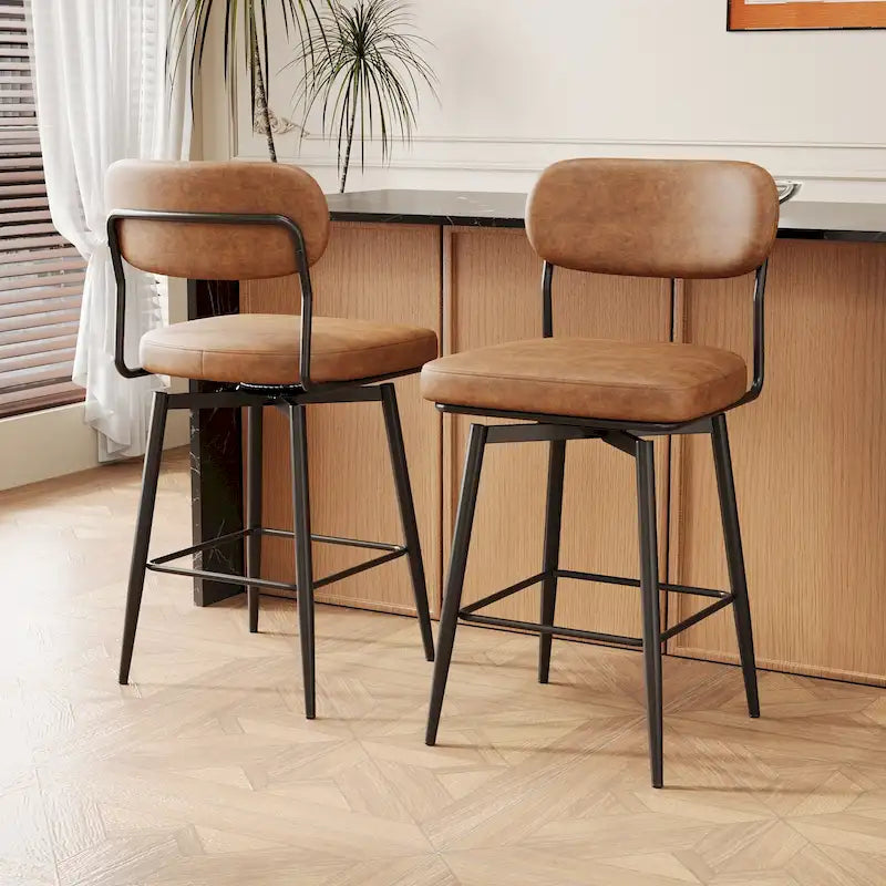 360° drehbare Barhocker (2er-Set) – Tresenhocker mit Lederpolsterung und Eisenfuß für Kücheninsel und Büro