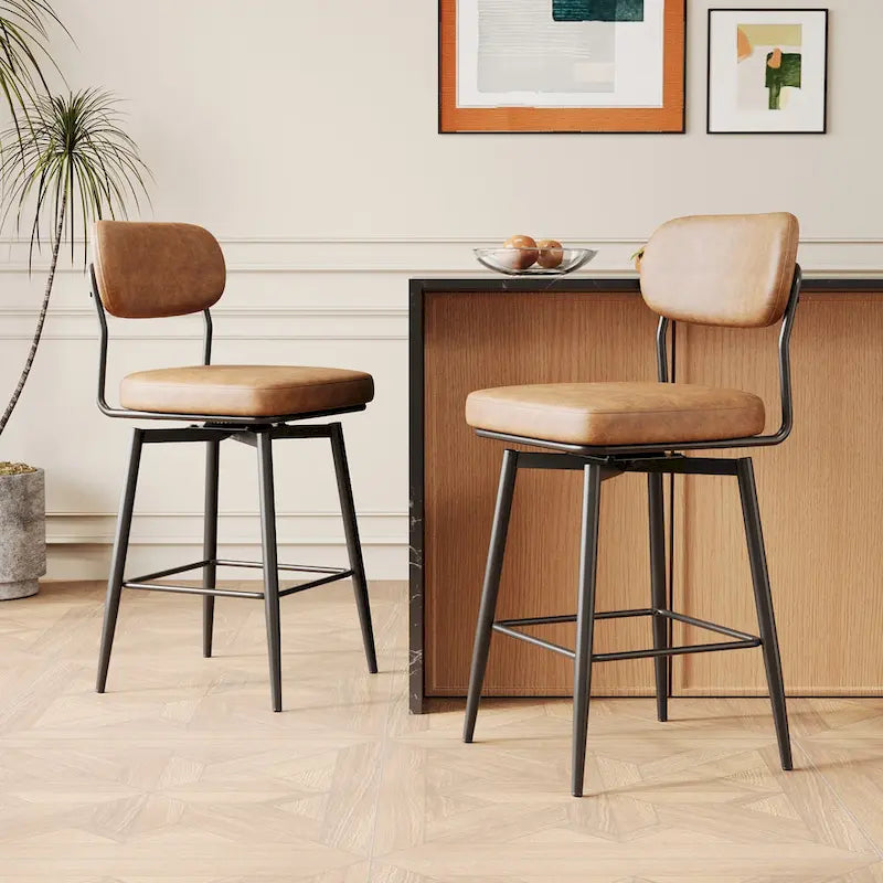 360° drehbare Barhocker (2er-Set) – Tresenhocker mit Lederpolsterung und Eisenfuß für Kücheninsel und Büro