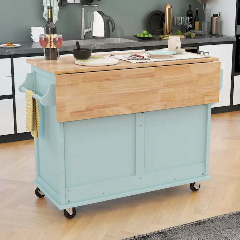 Küchenwagen mit Arbeitsplatte aus Kautschukholz mit Klappflügeln (Hocker nicht im Lieferumfang enthalten)
