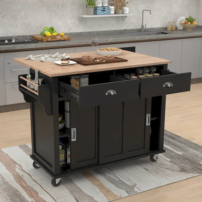 Küchenwagen mit Arbeitsplatte aus Kautschukholz mit Klappflügeln (Hocker nicht im Lieferumfang enthalten)