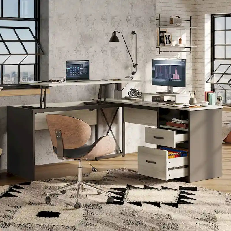 55.7" L-förmiger Computertisch mit Schubladen und Monitorständer