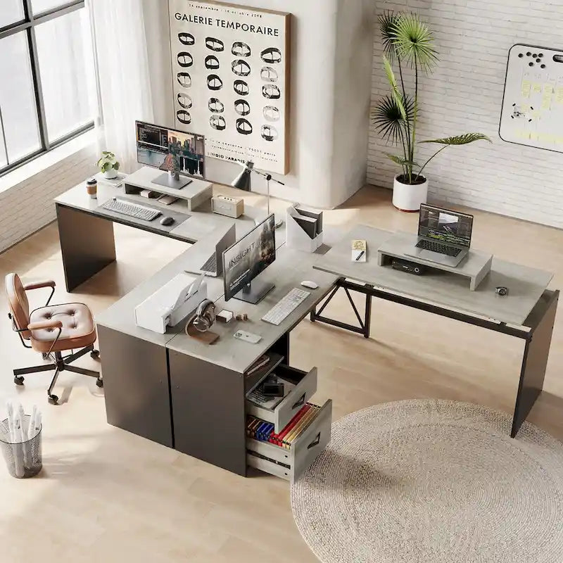 55.7" L-förmiger Computertisch mit Schubladen und Monitorständer