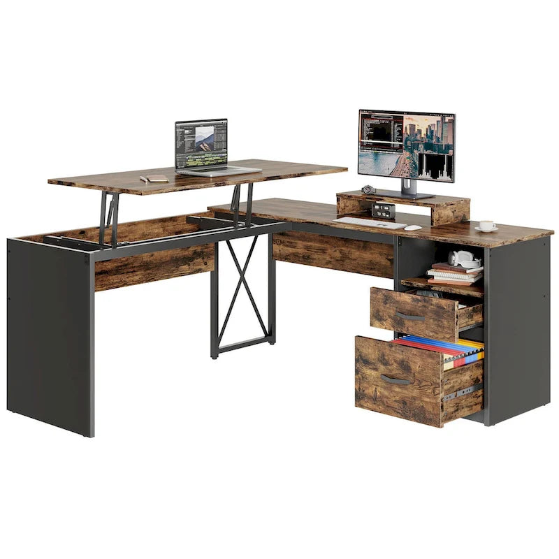 55.7" L-förmiger Computertisch mit Schubladen und Monitorständer