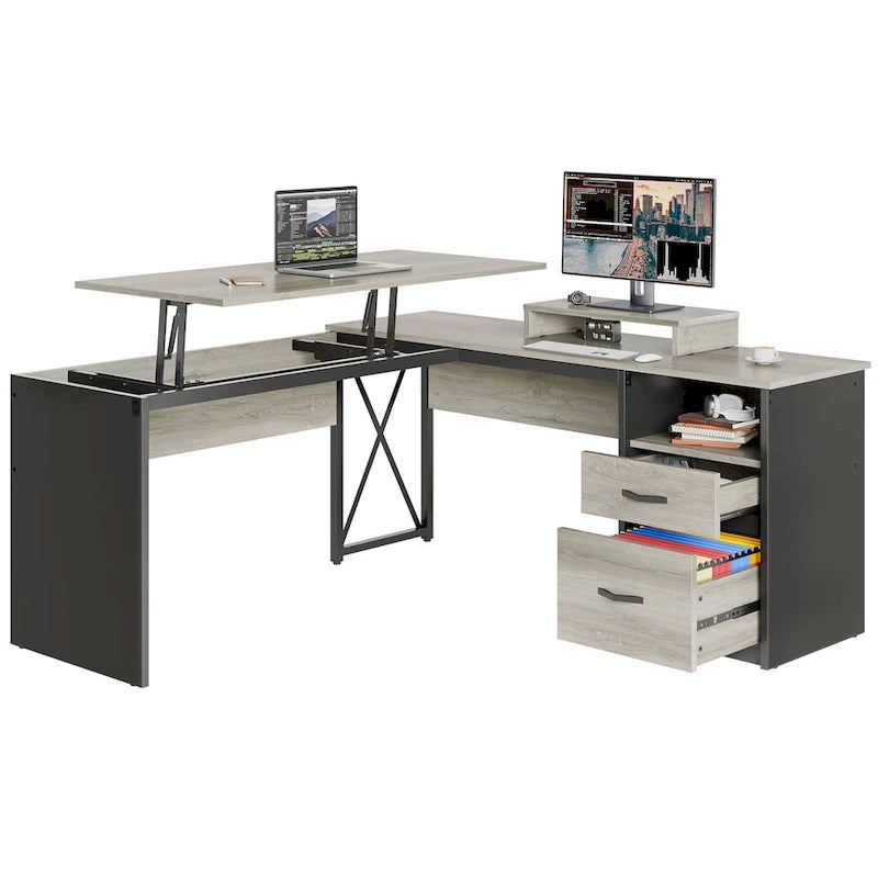 55.7" L-förmiger Computertisch mit Schubladen und Monitorständer