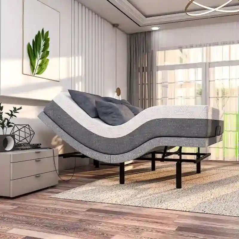 Renanim Adjustable Bed with 14 Mattress, Anti-Snore Preset, Dual Massage, USB Ports, App Control, Remote, Underbed Light