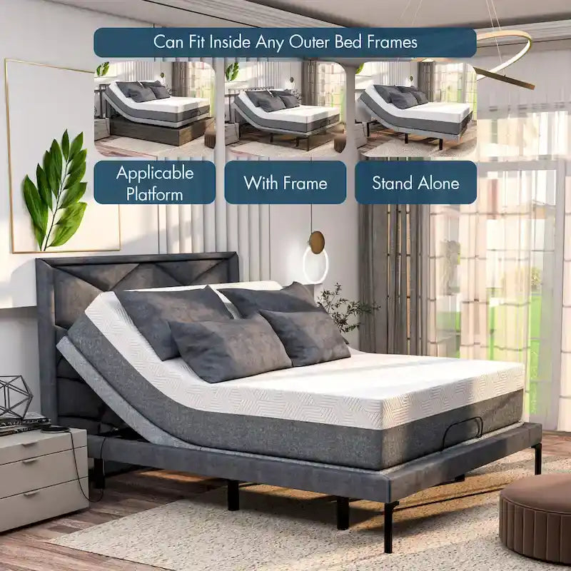 Verstellbares Bett mit 14-Zoll-Matratze, Anti-Schnarch-Voreinstellung, Dual-Massage, USB-Anschlüssen, App-Steuerung, Fernbedienung, Unterbettbeleuchtung
