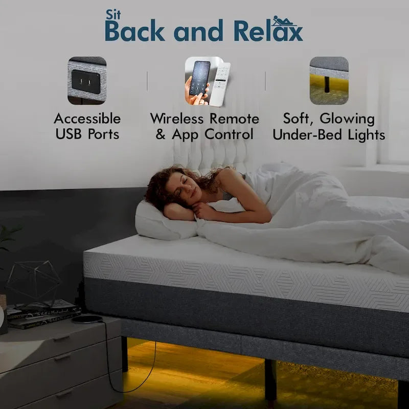 Verstellbares Bett mit 14-Zoll-Matratze, Anti-Schnarch-Voreinstellung, Dual-Massage, USB-Anschlüssen, App-Steuerung, Fernbedienung, Unterbettbeleuchtung