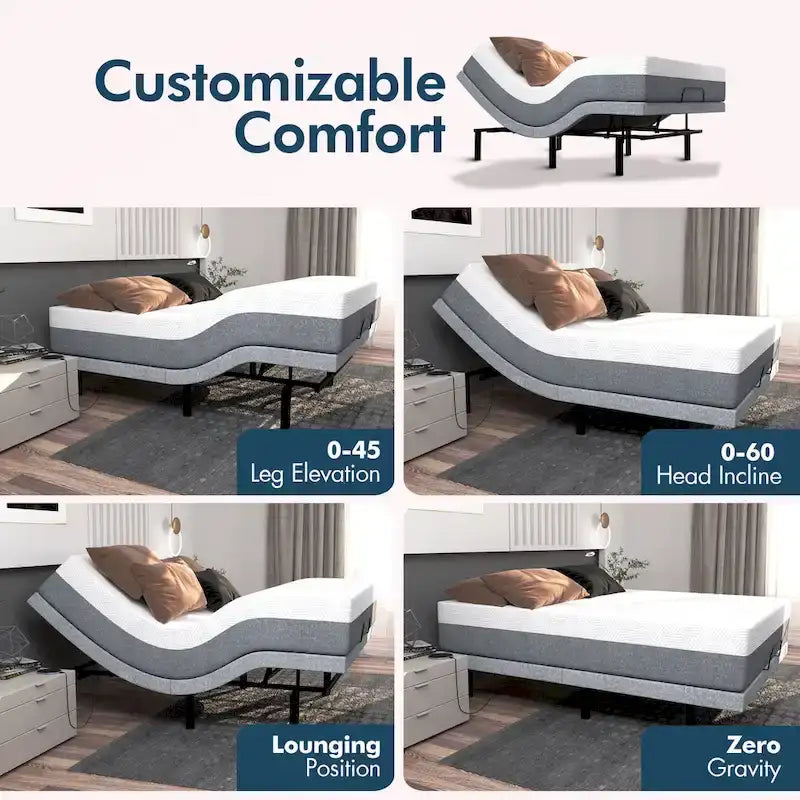 Verstellbares Bett mit 14-Zoll-Matratze, Anti-Schnarch-Voreinstellung, Dual-Massage, USB-Anschlüssen, App-Steuerung, Fernbedienung, Unterbettbeleuchtung