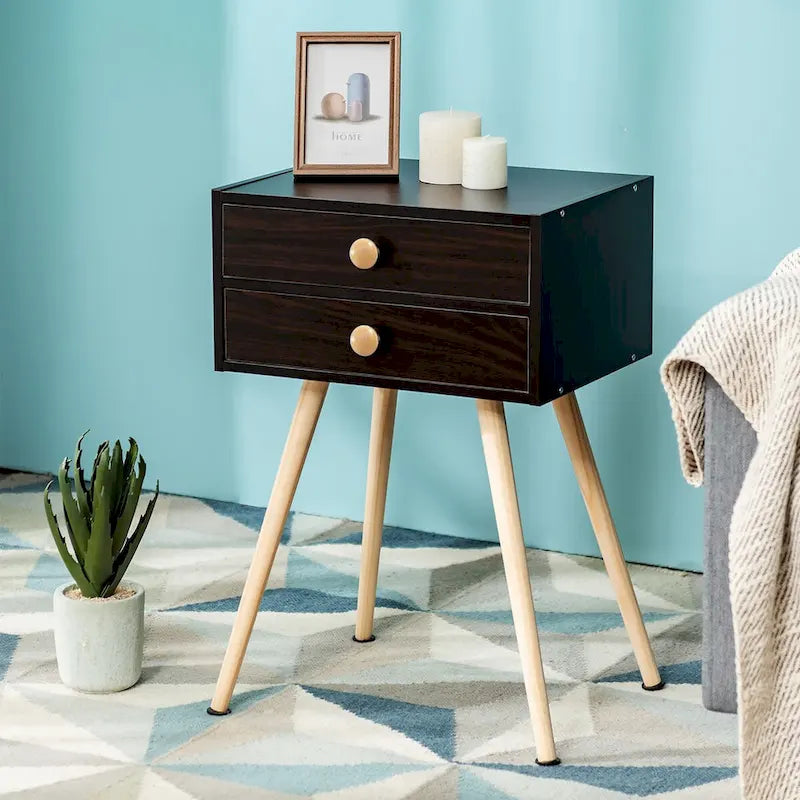 Costway 2 PCS Mid Century Modern 2 Drawers Nightstand Sofa Side Table - See Details