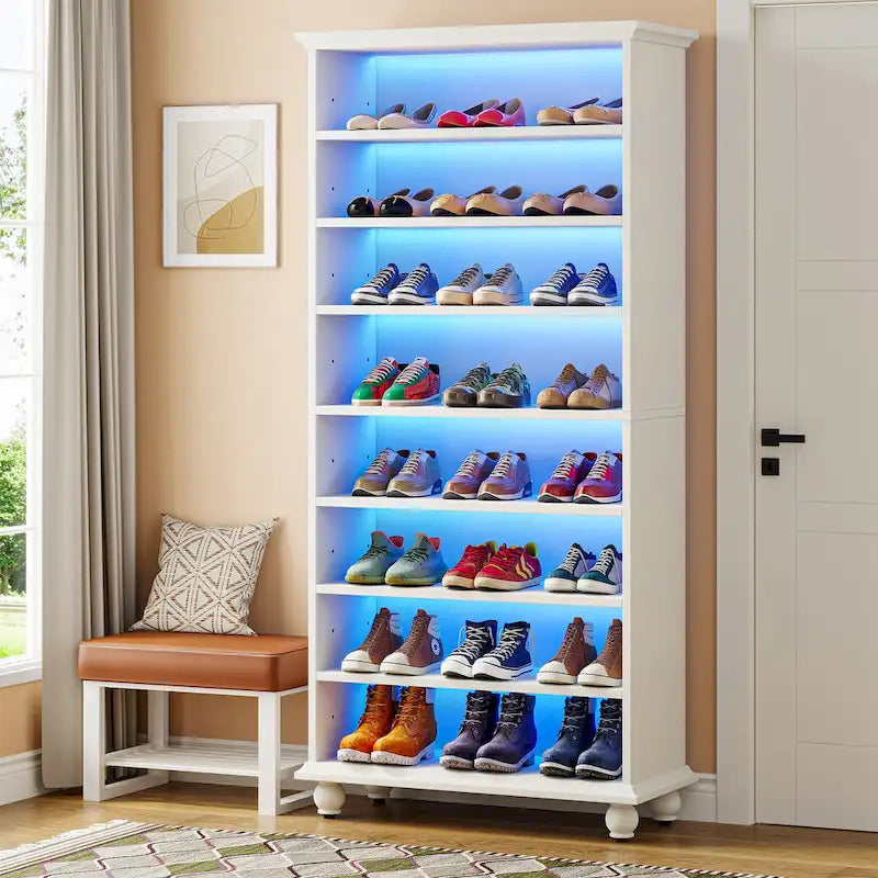 Schmaler, hoher Schuhschrank mit LED-Beleuchtung, 9-stöckiger Schuhaufbewahrungsschrank für 30 Paar, freistehend