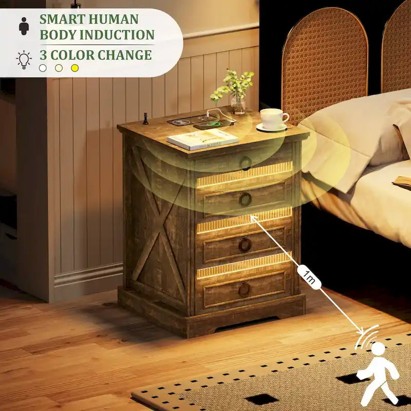 LED-Nachttisch mit 2 Schubladen, Ladestation und Waffenschublade