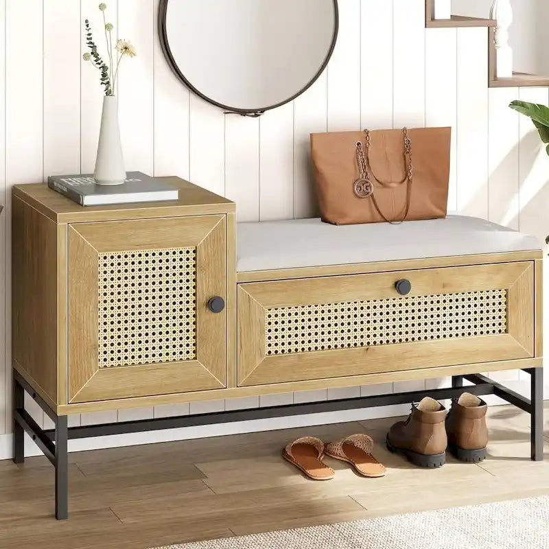 Schuhbank aus Rattan mit Leinen-Sitzkissen