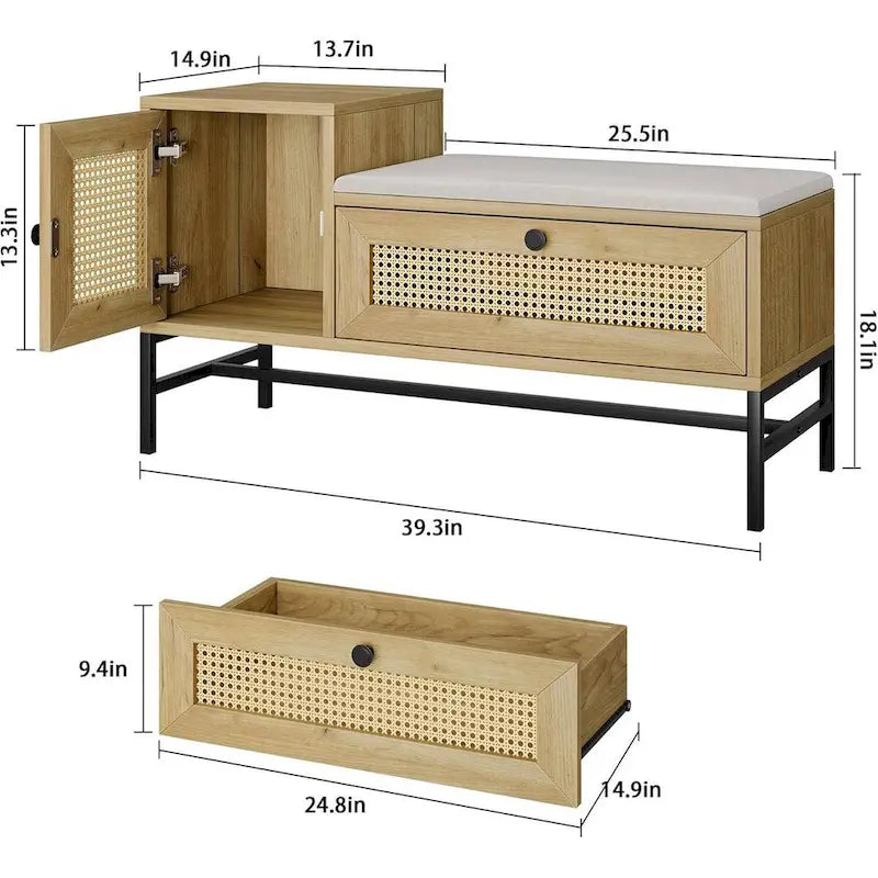 Schuhbank aus Rattan mit Leinen-Sitzkissen