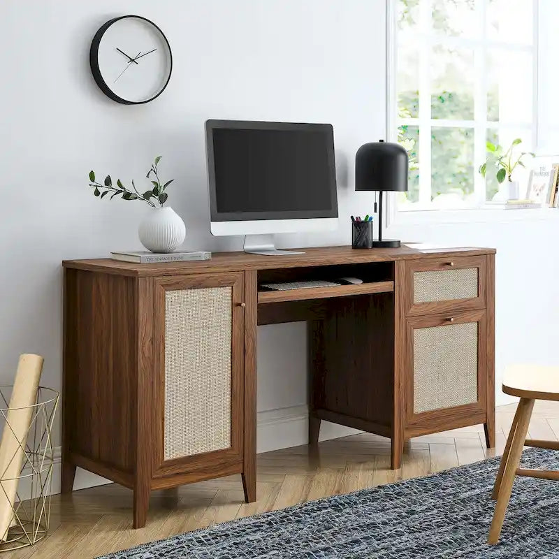 63 Zoll Rattansessel-Schreibtisch mit Tastaturablage und Stauraum