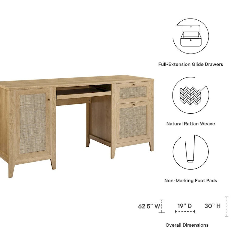 63 Zoll Rattansessel-Schreibtisch mit Tastaturablage und Stauraum
