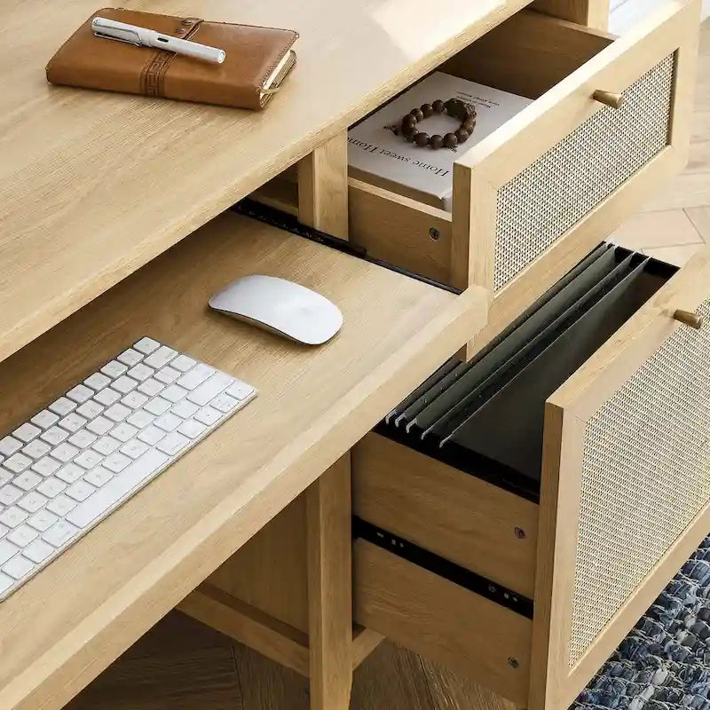 63 Zoll Rattansessel-Schreibtisch mit Tastaturablage und Stauraum