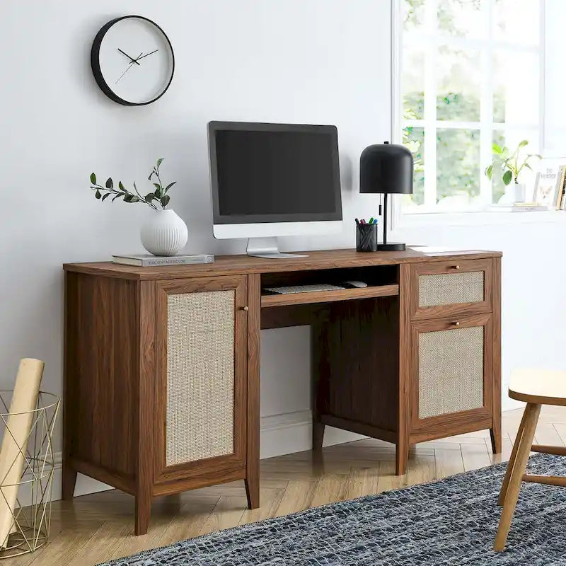 63 Zoll Rattansessel-Schreibtisch mit Tastaturablage und Stauraum