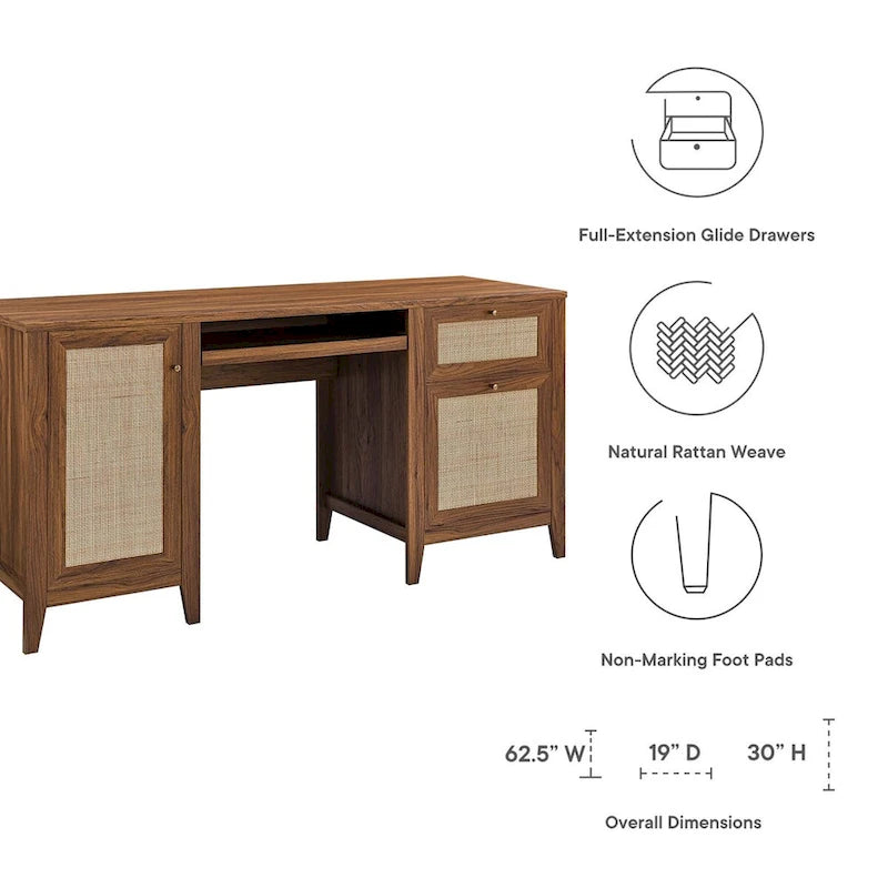 63 Zoll Rattansessel-Schreibtisch mit Tastaturablage und Stauraum