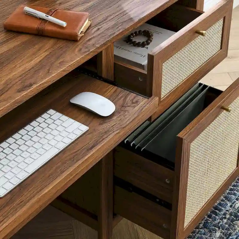 63 Zoll Rattansessel-Schreibtisch mit Tastaturablage und Stauraum