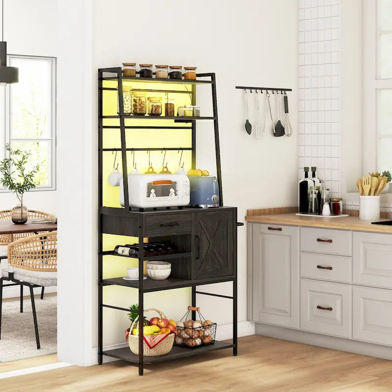 Bäckereiregal mit Steckdose und LED-Beleuchtung, Kaffeebar mit Ablageregalen, Mikrowellenständer im Industriestil